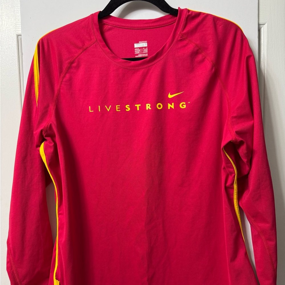 #383 Nike Livestrong Top, L, Red and Yellow Long Sleeves Poly/spandex NWOT